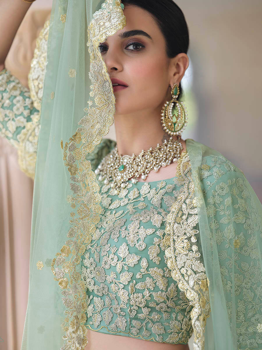 Myra Pista Net Embroidered Lehenga
