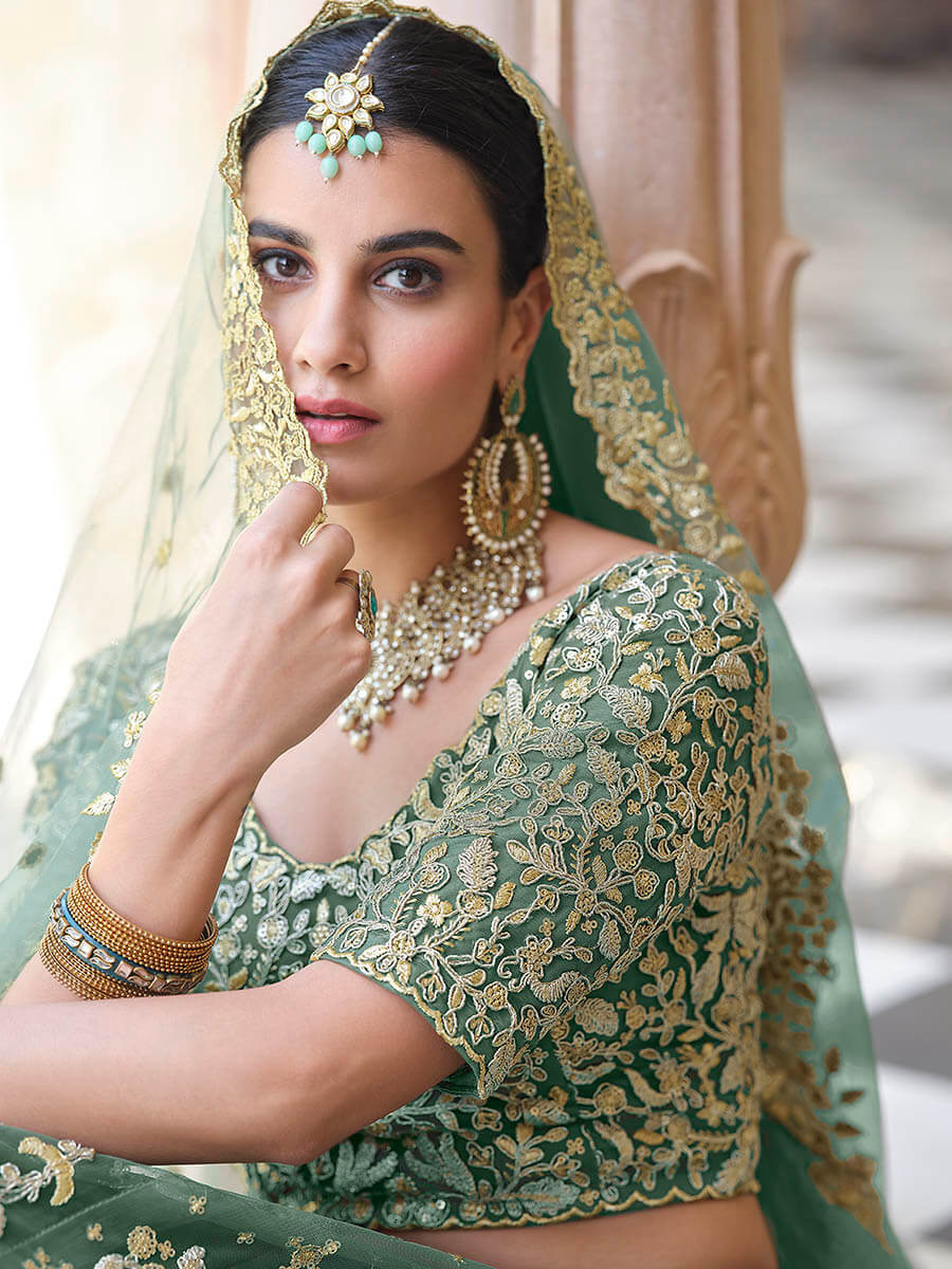 Myra Rama Green Net Embroidered Lehenga