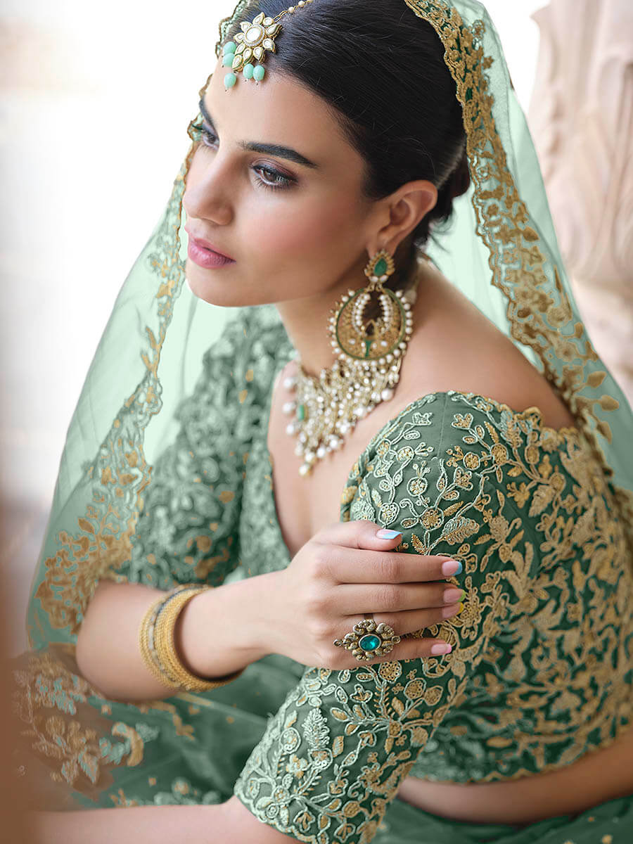 Myra Rama Green Net Embroidered Lehenga