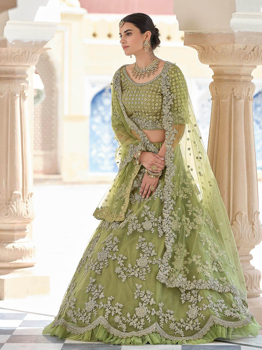 Myra Olive Green Net Embroidered Lehenga