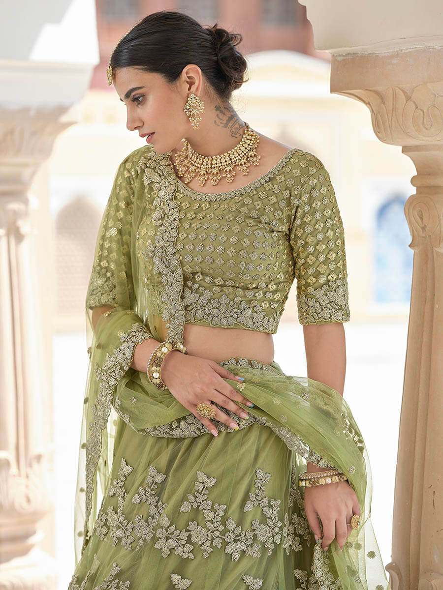 Myra Olive Green Net Embroidered Lehenga