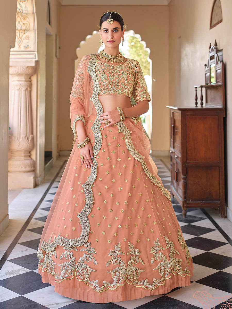Myra Peach Net Embroidered Lehenga