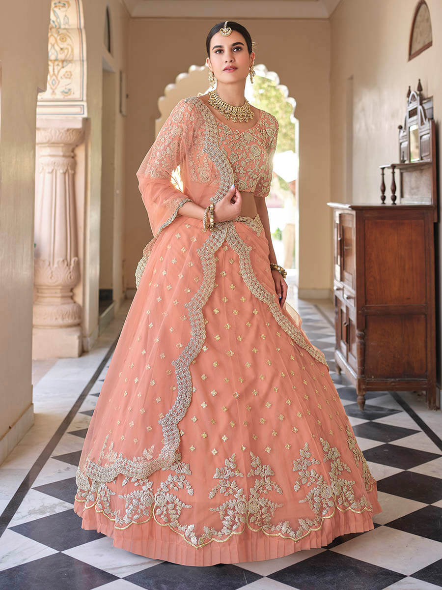 Myra Peach Net Embroidered Lehenga