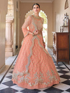 Myra Peach Net Embroidered Lehenga
