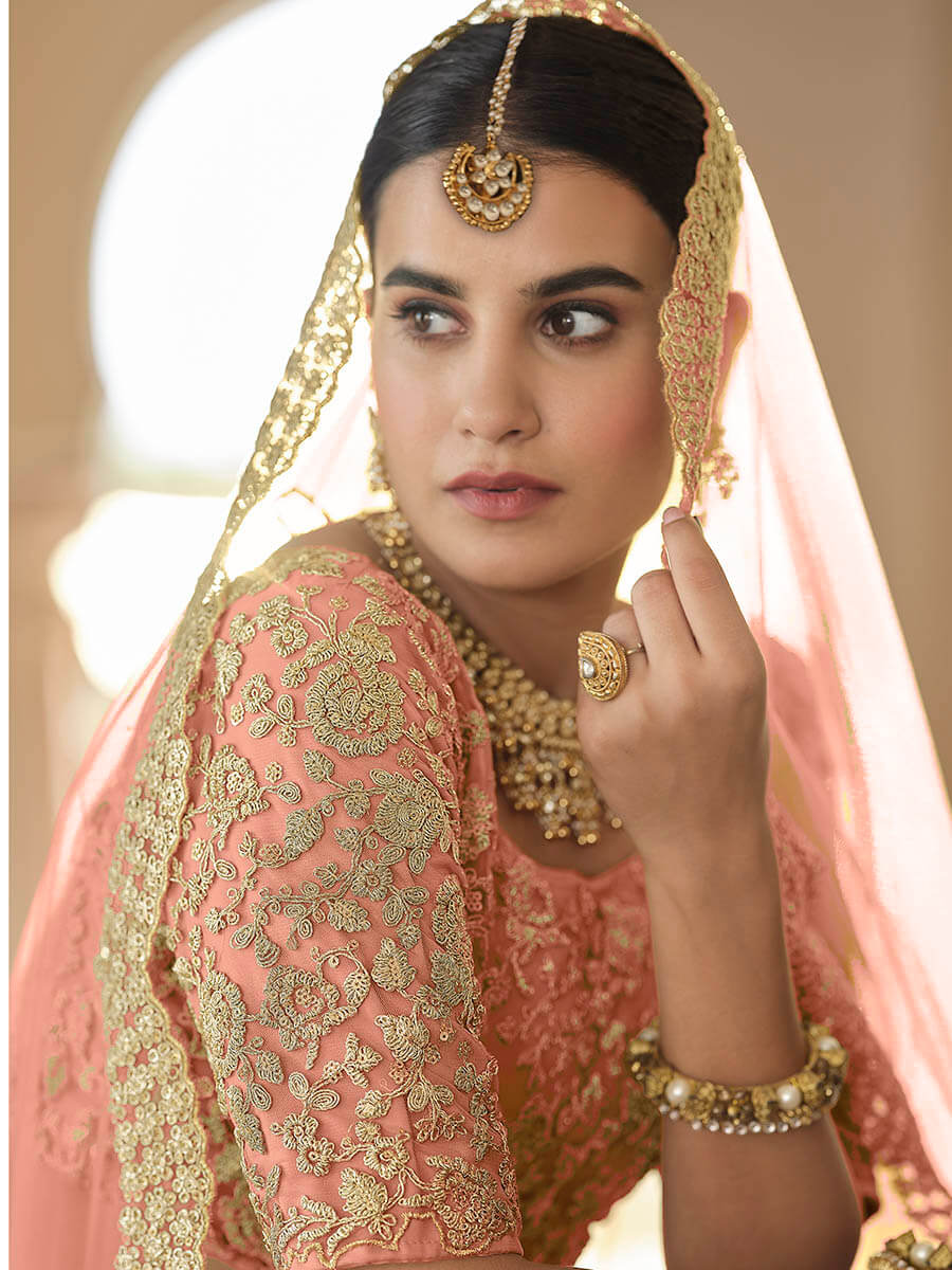 Myra Peach Net Embroidered Lehenga