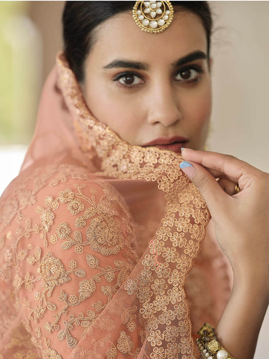 Myra Peach Net Embroidered Lehenga