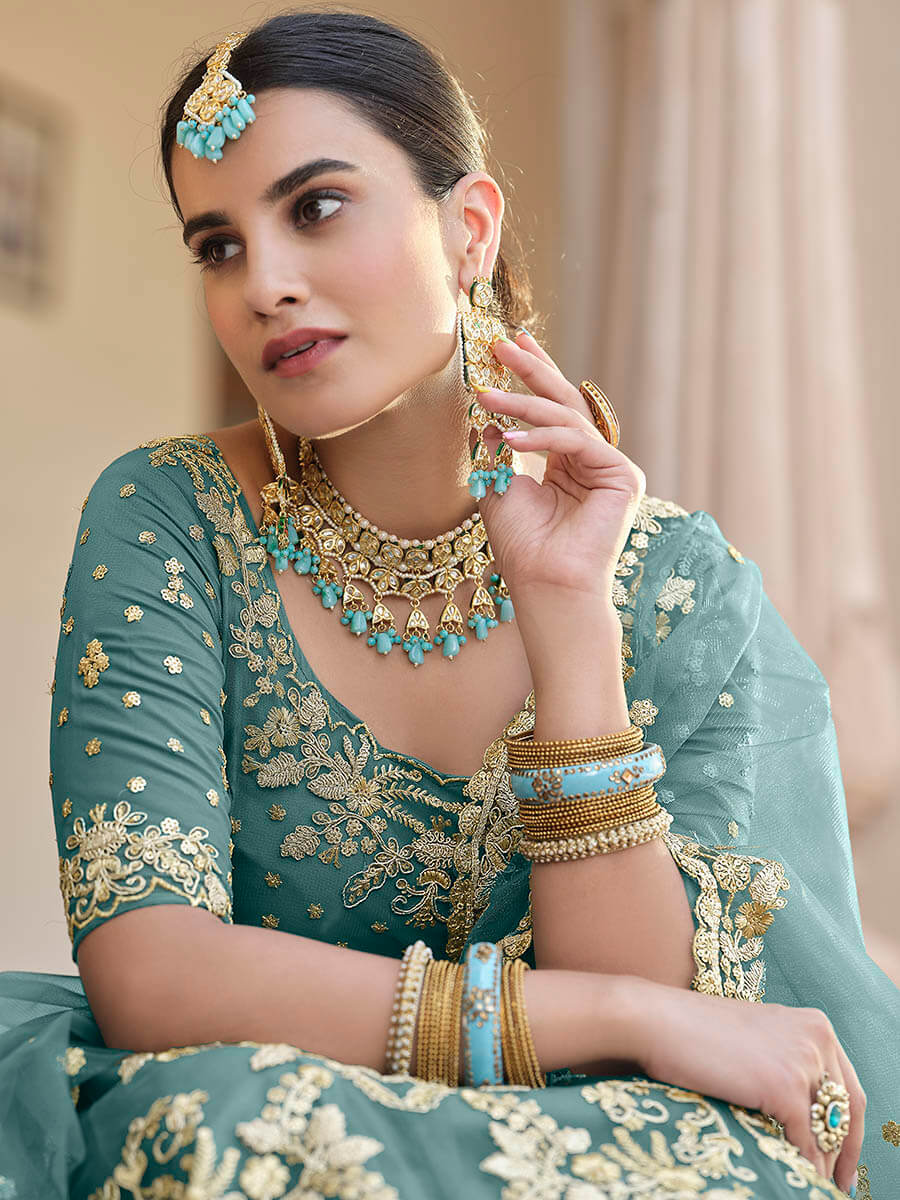 Myra Green Net Embroidered Lehenga