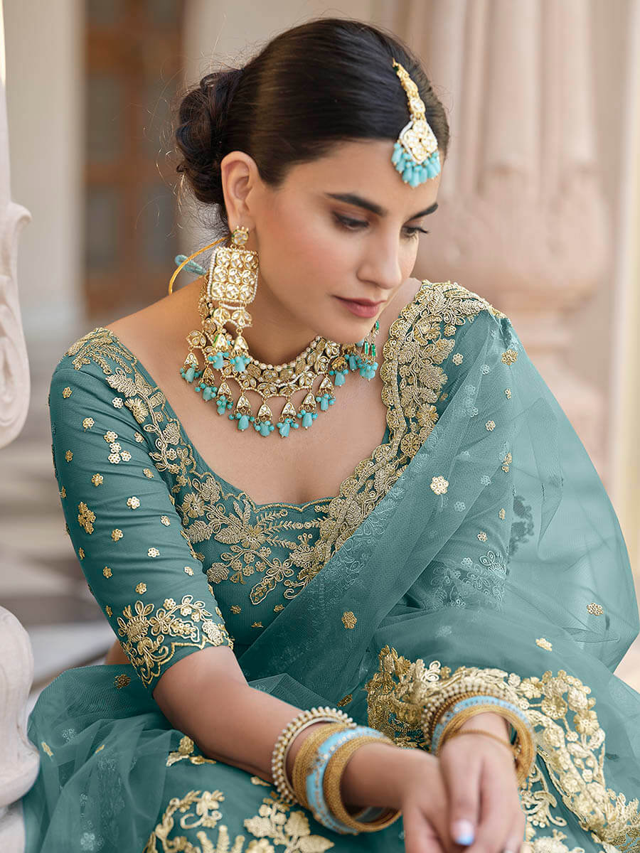 Myra Green Net Embroidered Lehenga