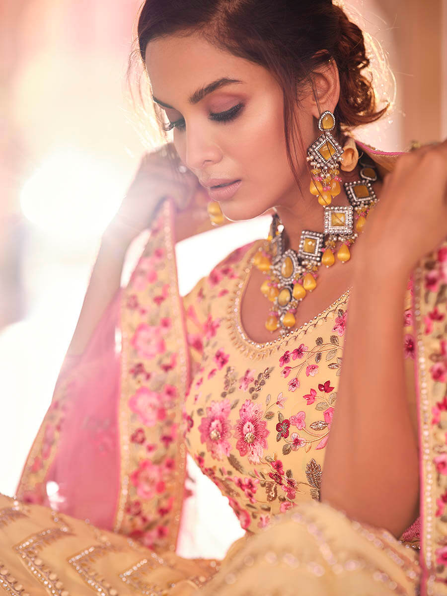 Myra Light Yellow Designer Hand work Lehenga