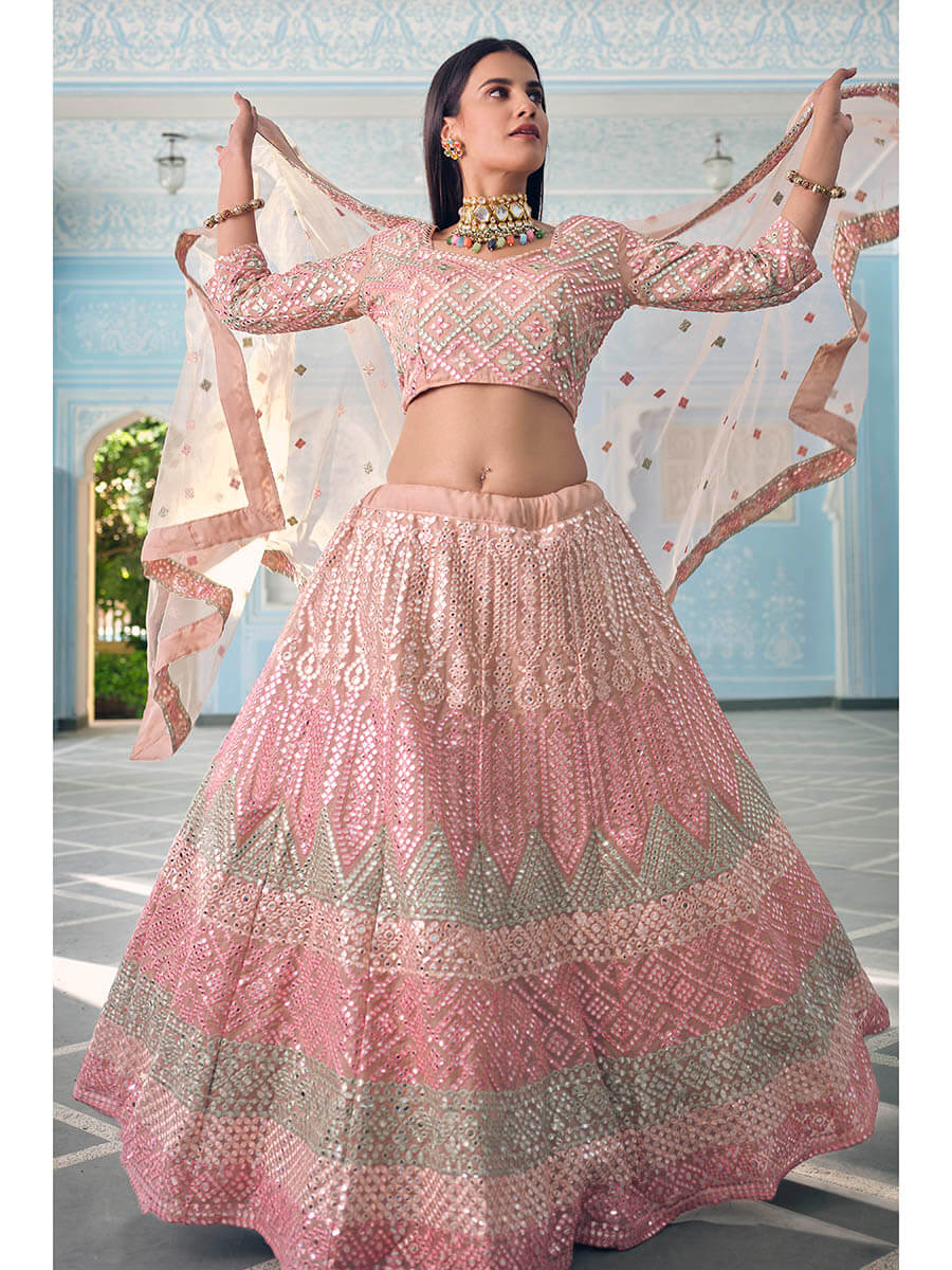 Myra Peach Organza Embroidered Lehenga