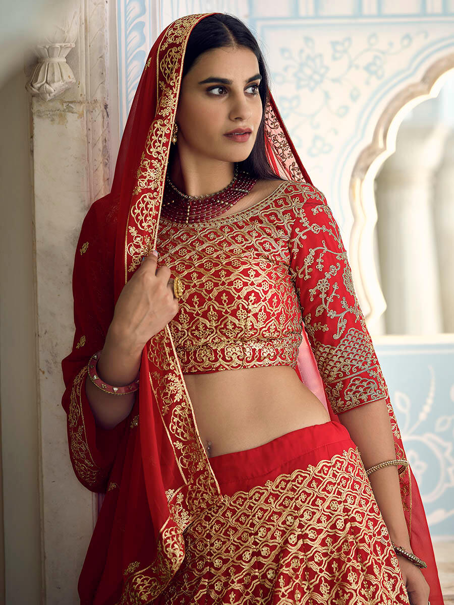 Myra Red Georgette Embroidered Lehenga