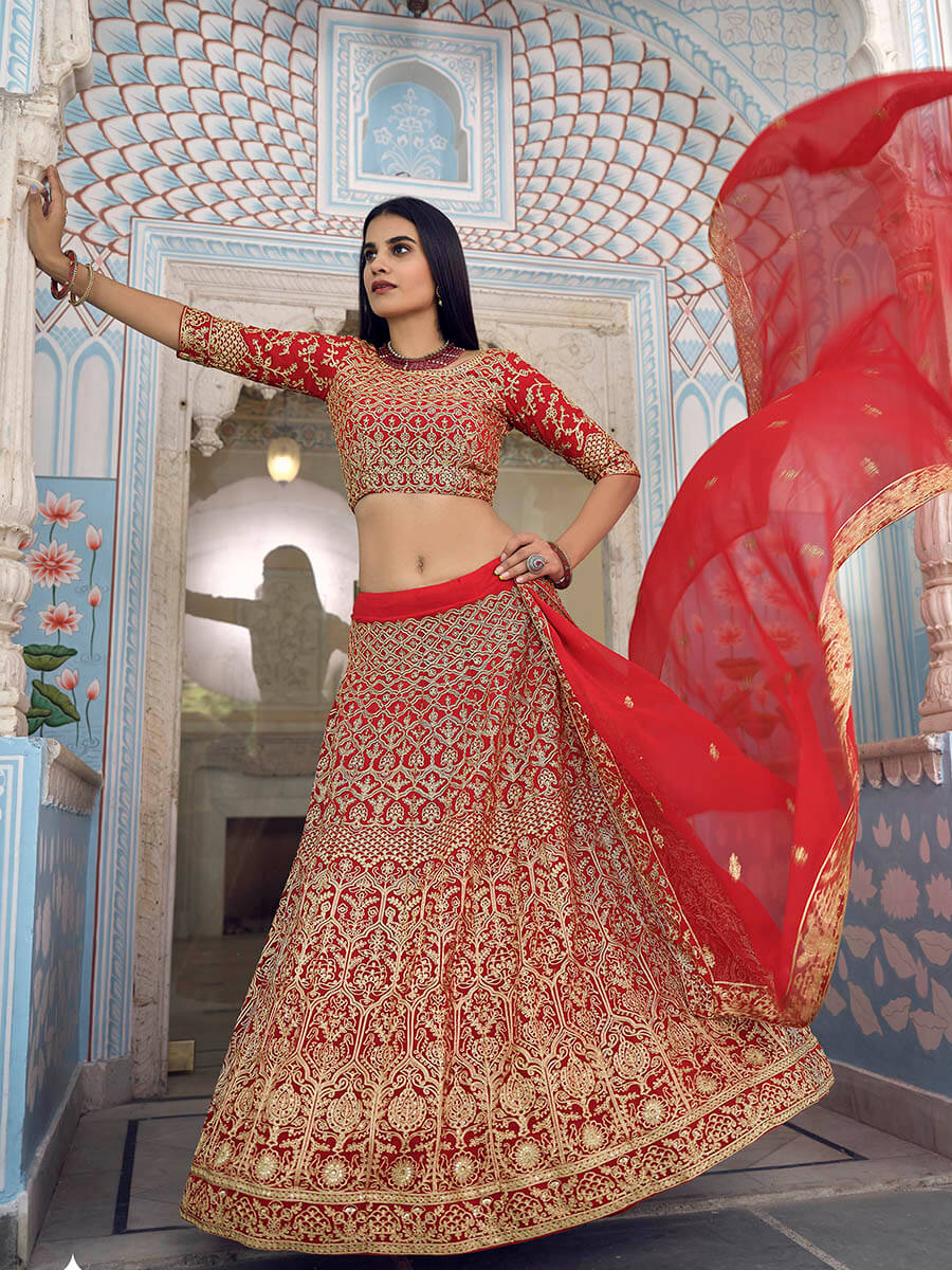 Myra Red Gorgette Embroidered Lehenga