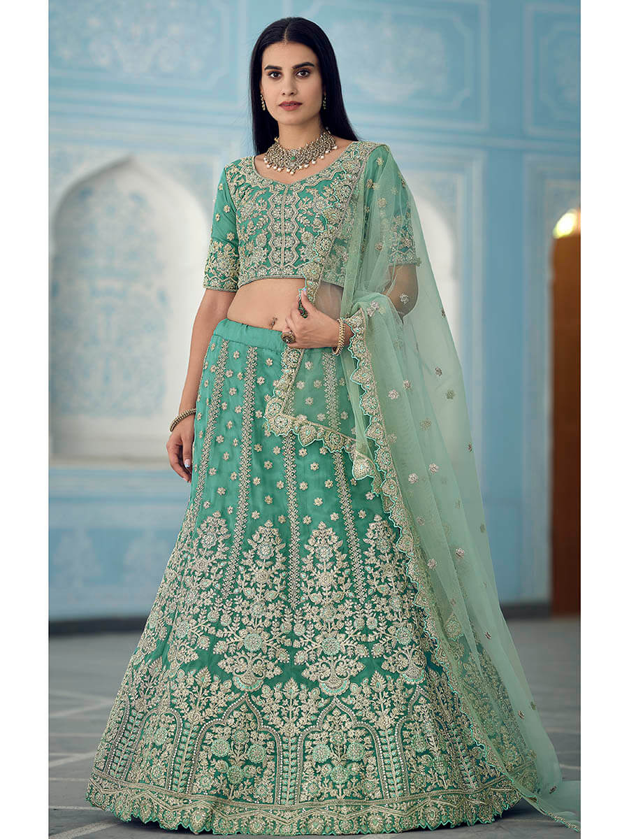 Myra Turquoise Organza Embroidered Lehenga