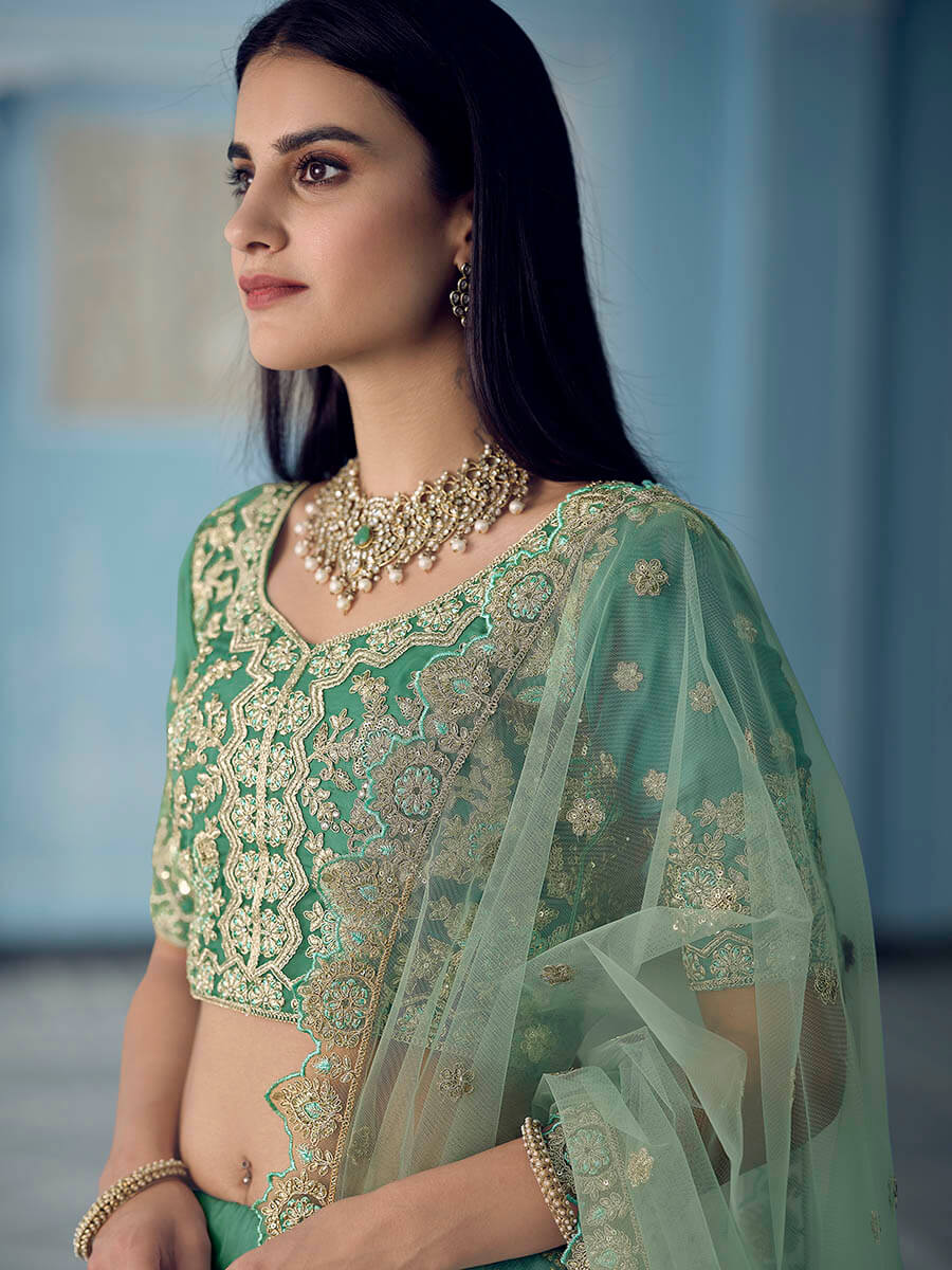 Myra Turquoise Organza Embroidered Lehenga