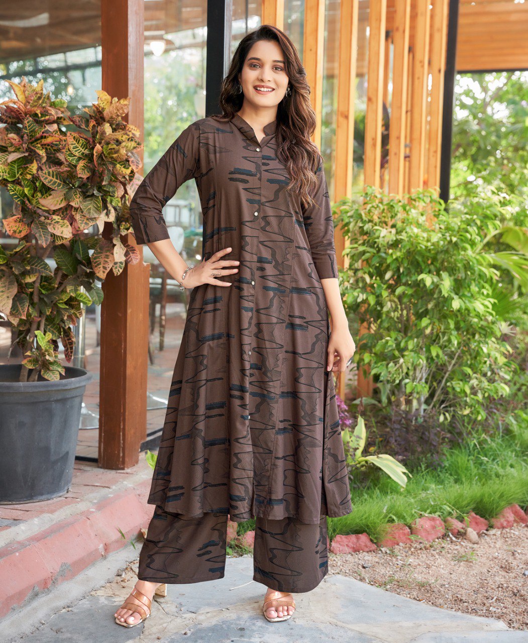 Prazu Fashion Brown Reyon Cotton Print Kurti With Pant - Distacart