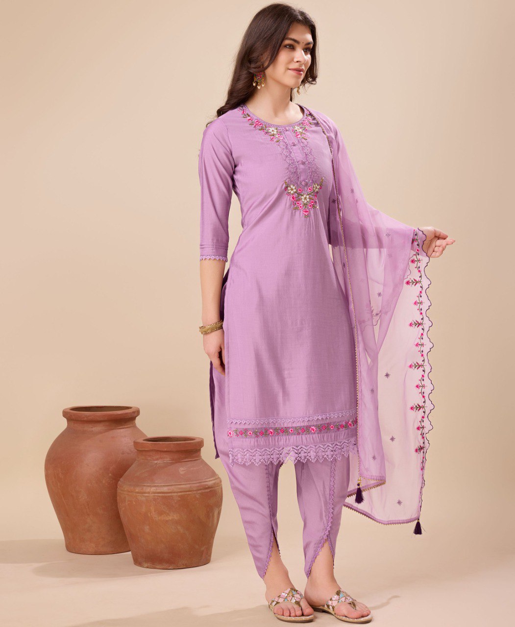 Prazu Fashion Lavender Viscose Silk Embroidered Kurta Set With Dhoti Pant - Distacart