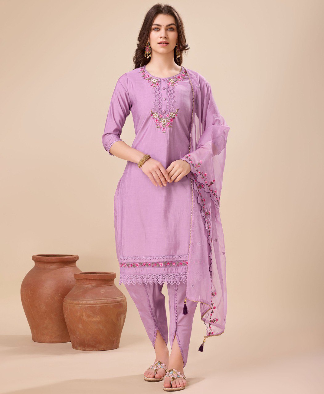 Prazu Fashion Lavender Viscose Silk Embroidered Kurta Set With Dhoti Pant - Distacart