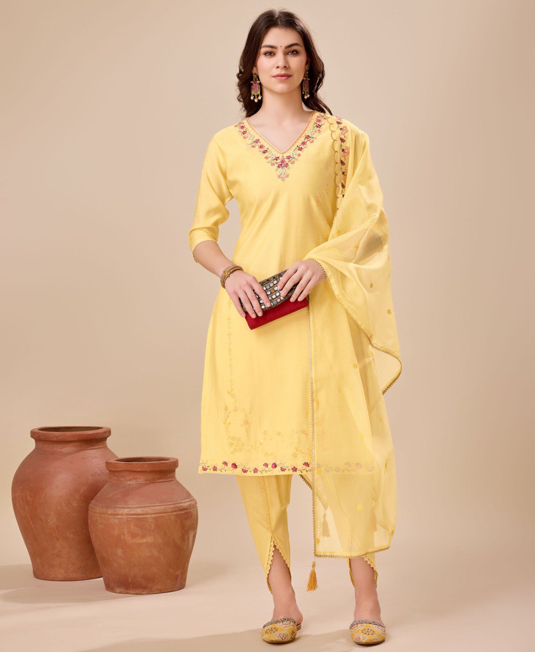 Prazu Fashion Yellow Viscose Silk Embroidered Kurta Set With Dhoti Pant - Distacart