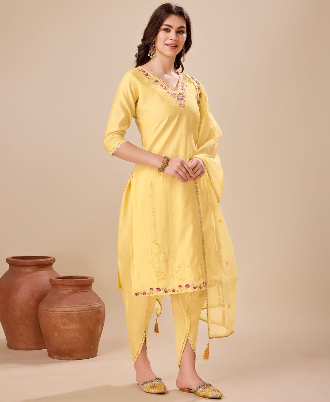 Prazu Fashion Yellow Viscose Silk Embroidered Kurta Set With Dhoti Pant - Distacart