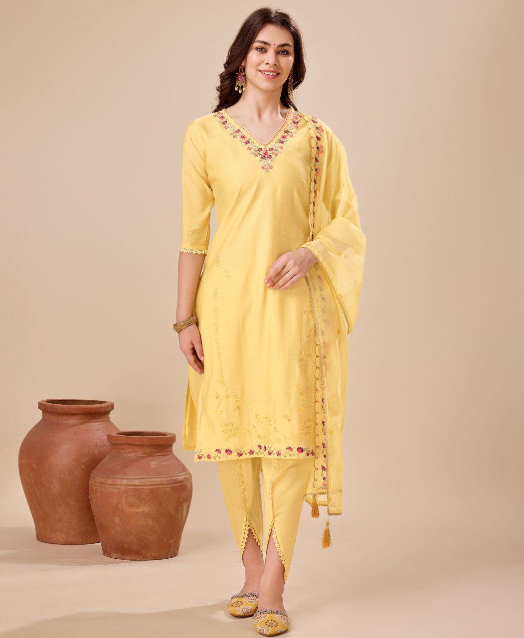 Prazu Fashion Yellow Viscose Silk Embroidered Kurta Set With Dhoti Pant - Distacart