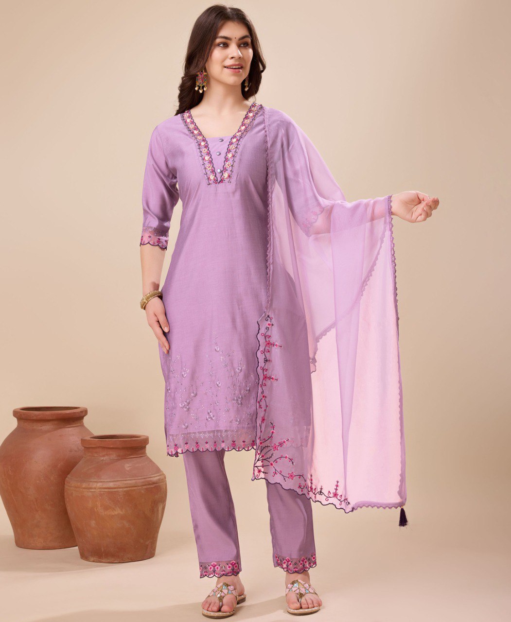 Prazu Fashion Lavender Viscose Silk Embroidered Kurta Set - Distacart