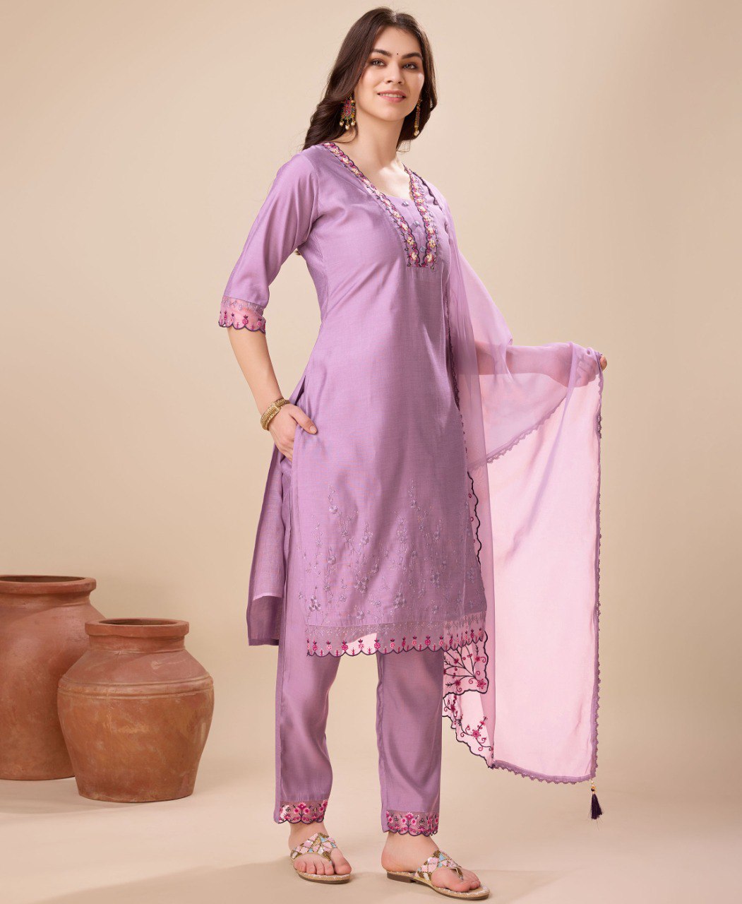Prazu Fashion Lavender Viscose Silk Embroidered Kurta Set - Distacart