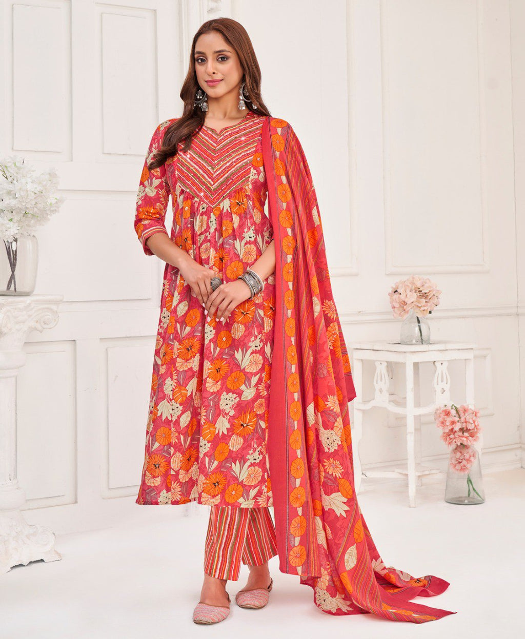 Prazu Fashion Peach Cotton Foil Printed Kurta Set - Distacart