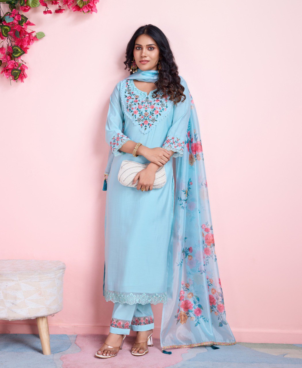 Prazu Fashion Sky Blue Viscose Silk Embroidered Kurta Set - Distacart