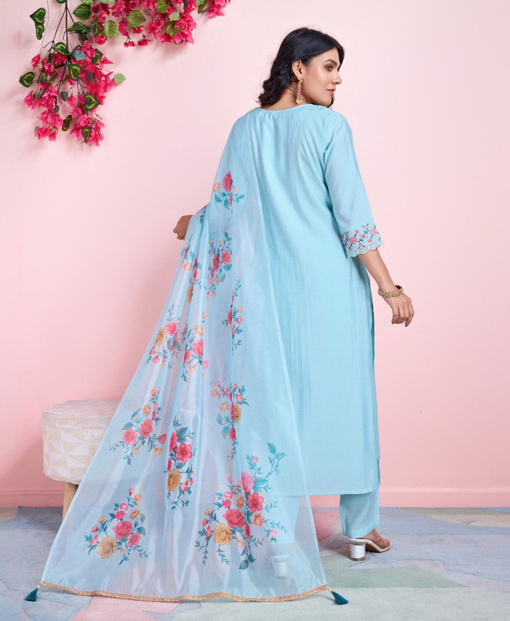 Prazu Fashion Sky Blue Viscose Silk Embroidered Kurta Set - Distacart