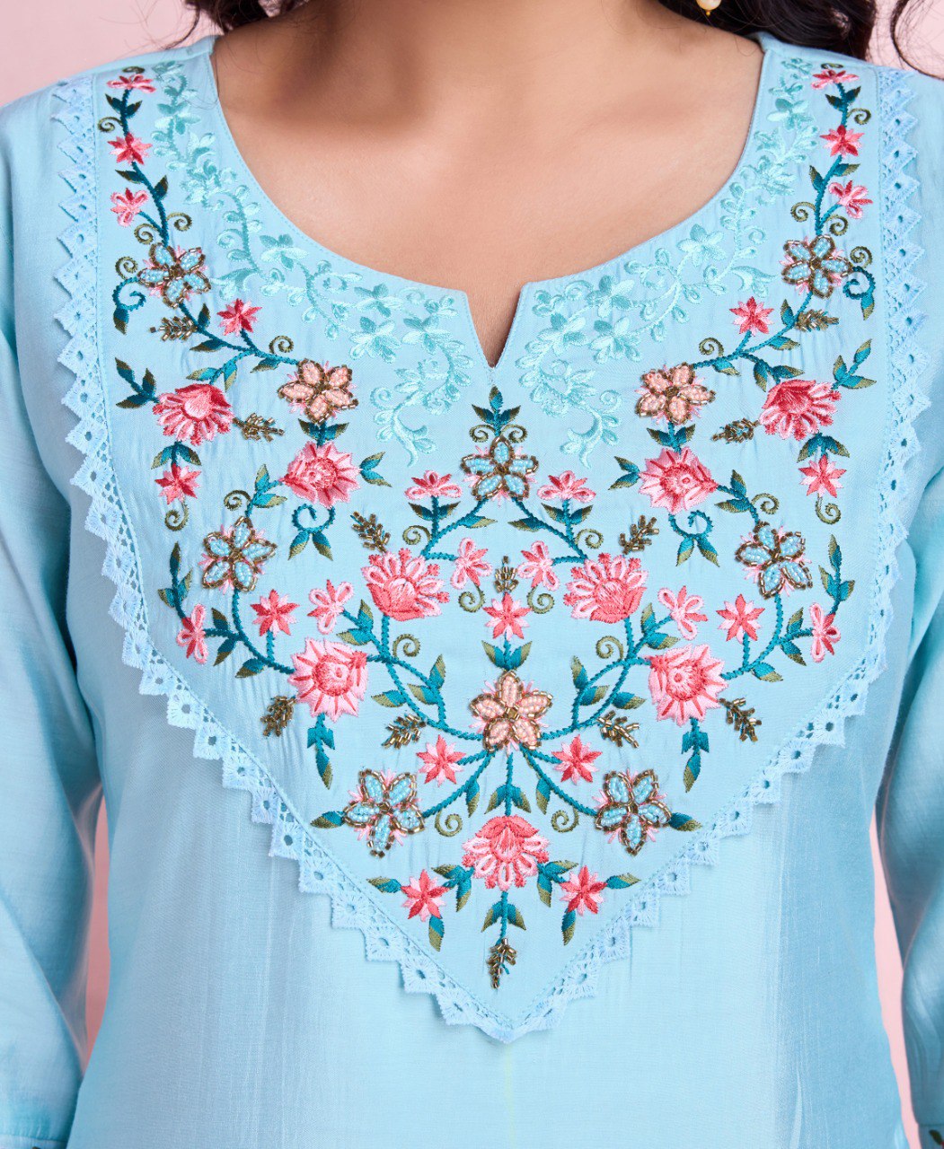 Prazu Fashion Sky Blue Viscose Silk Embroidered Kurta Set - Distacart