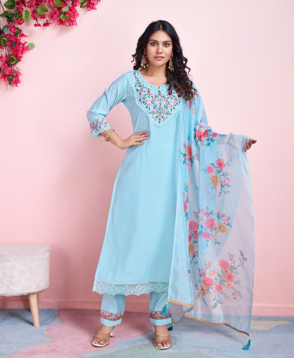 Prazu Fashion Sky Blue Viscose Silk Embroidered Kurta Set - Distacart