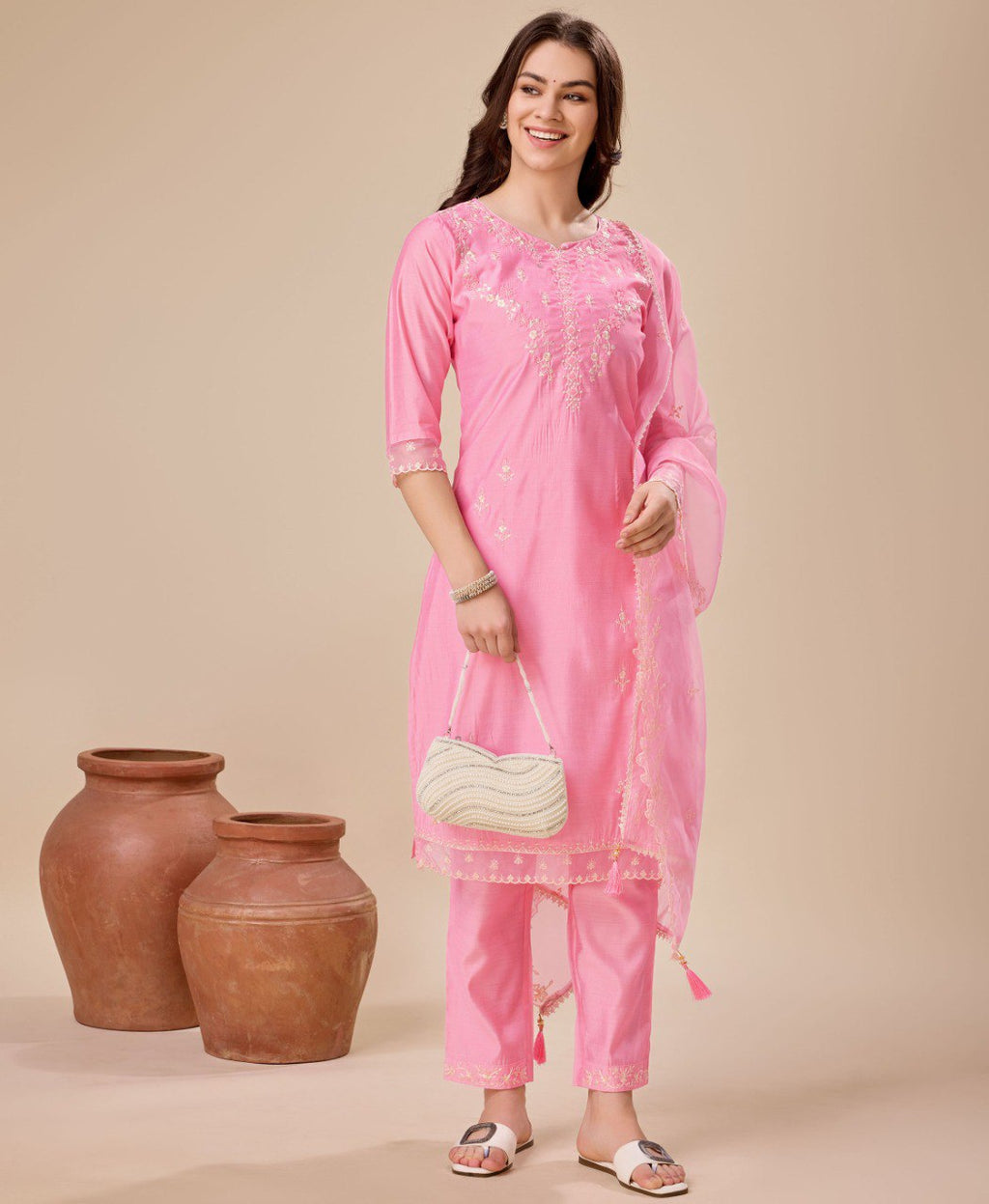 Prazu Fashion Pink Viscose Silk Embroidered Kurta Set - Distacart