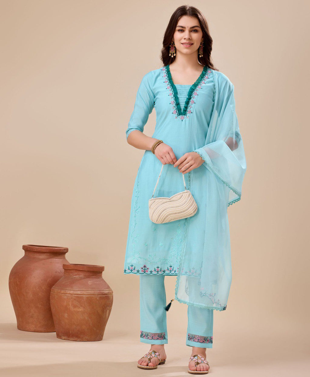 Prazu Fashion Sky Blue Viscose Silk Embroidered Kurta Set - Distacart