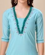 Prazu Fashion Sky Blue Viscose Silk Embroidered Kurta Set - Distacart