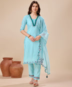 Prazu Fashion Sky Blue Viscose Silk Embroidered Kurta Set - Distacart