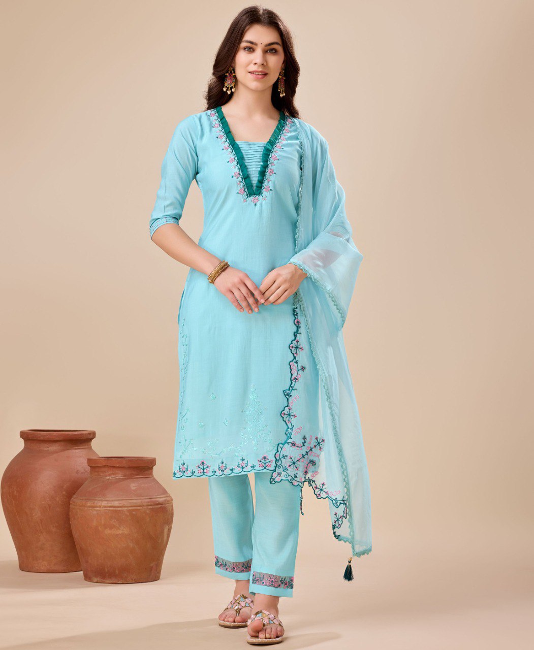 Prazu Fashion Sky Blue Viscose Silk Embroidered Kurta Set - Distacart