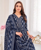 Prazu Fashion Navy Blue Pure Cotton Geometric & Gold Foil Print Kurta Set - Distacart