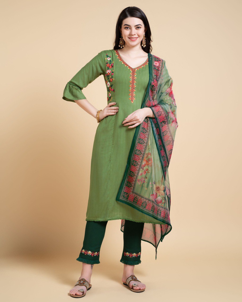 Prazu Fashion Mahendi Reyon Embroidered Kurta Set - Distacart