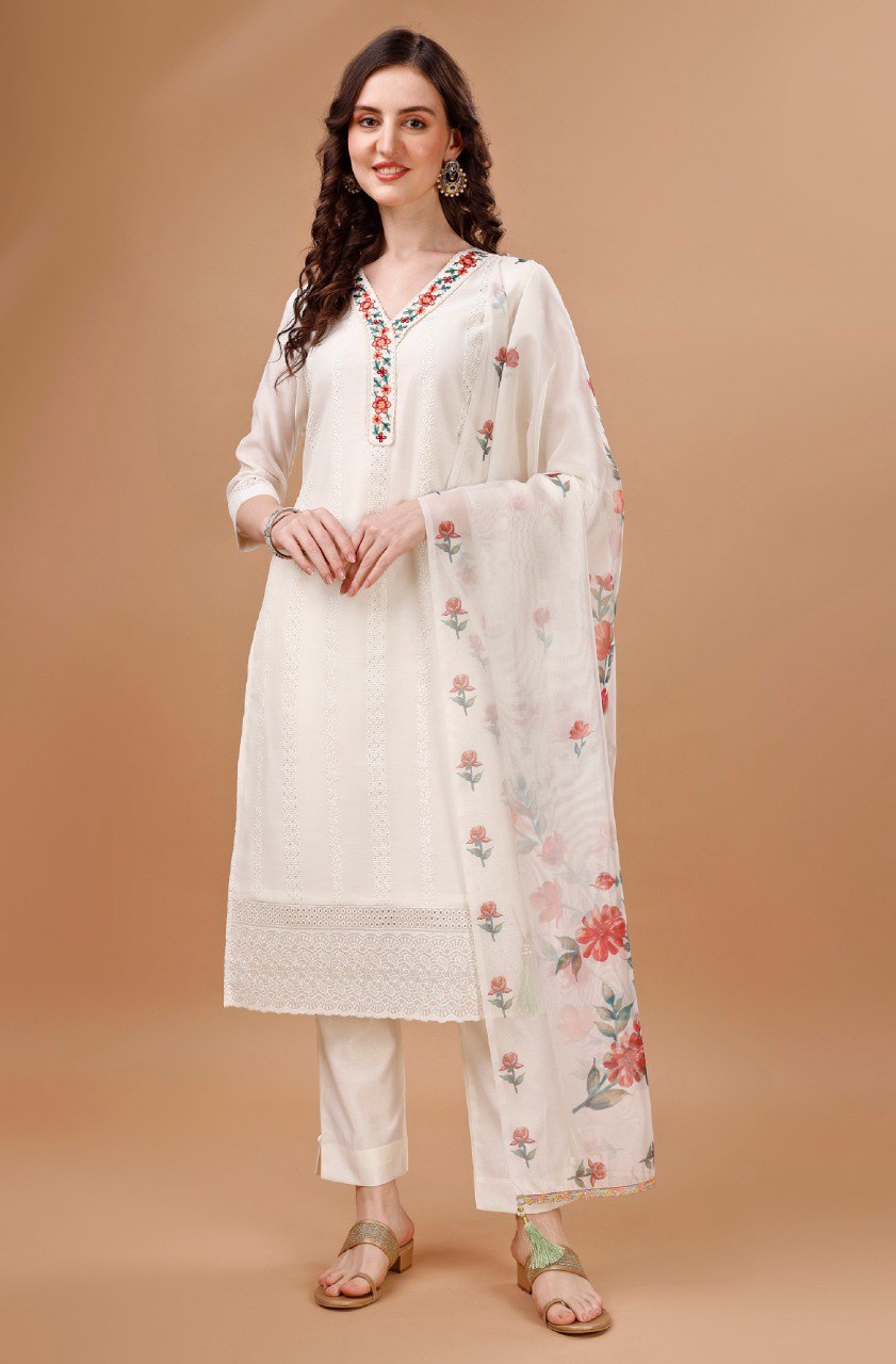 Prazu Fashion Off White Chanderi Silk Embroidered Kurta Set - Distacart