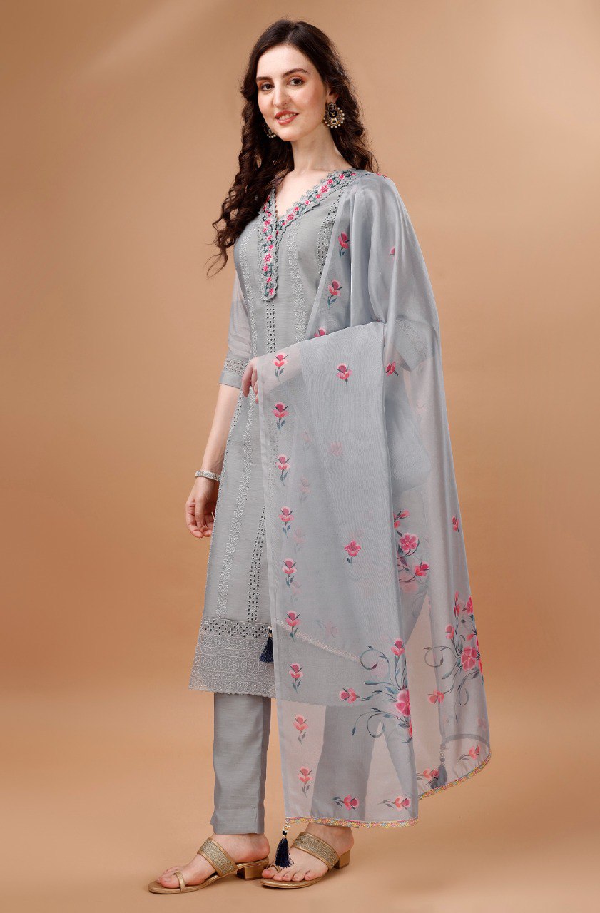 Prazu Fashion Light Grey Chanderi Silk Chikankari Kurta Set - Distacart