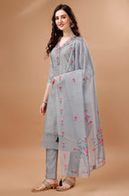 Prazu Fashion Light Grey Chanderi Silk Chikankari Kurta Set - Distacart