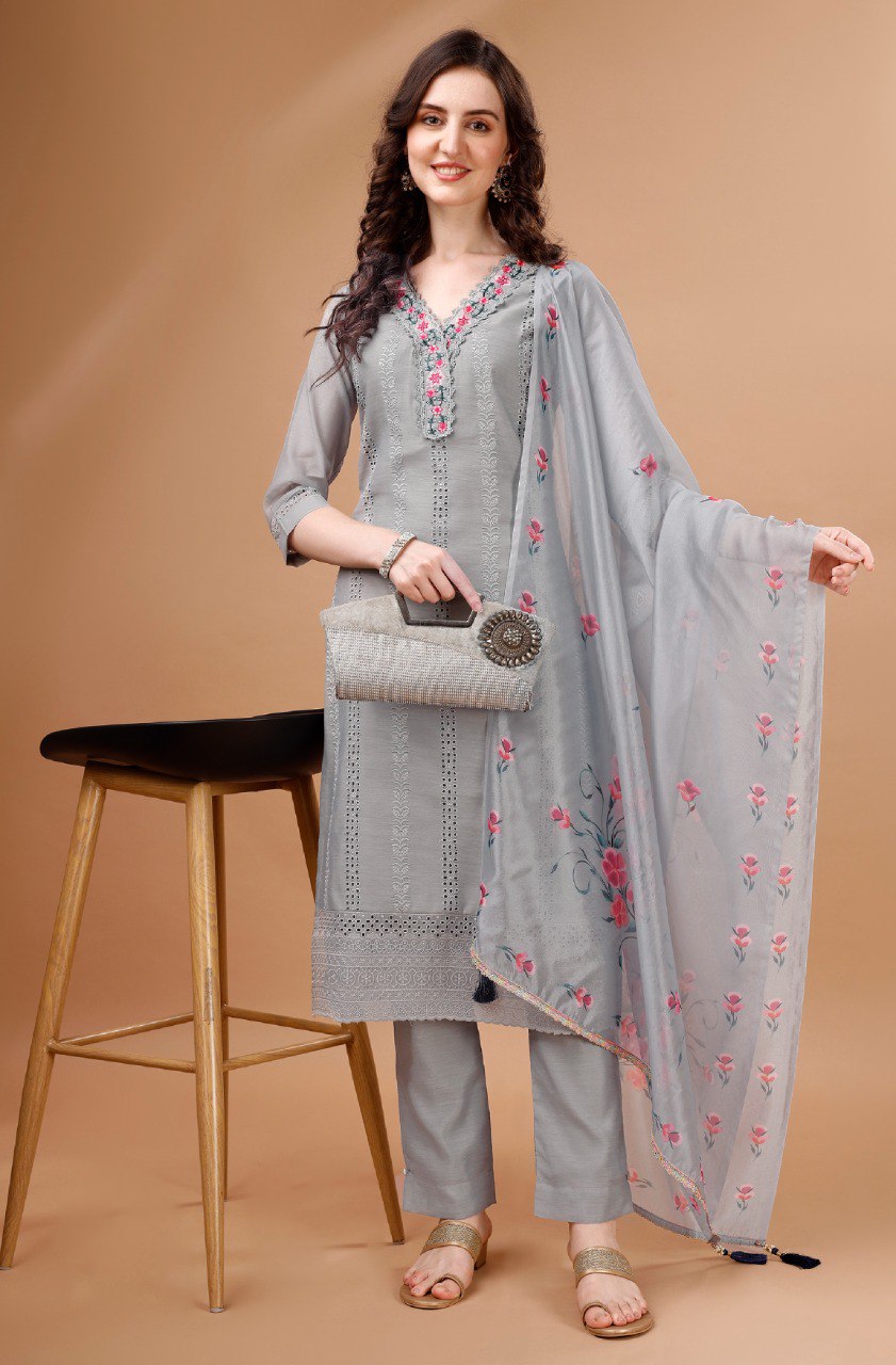 Prazu Fashion Light Grey Chanderi Silk Chikankari Kurta Set - Distacart