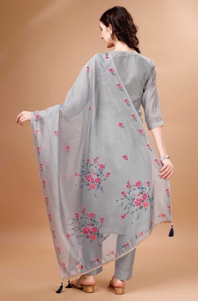 Prazu Fashion Light Grey Chanderi Silk Chikankari Kurta Set - Distacart