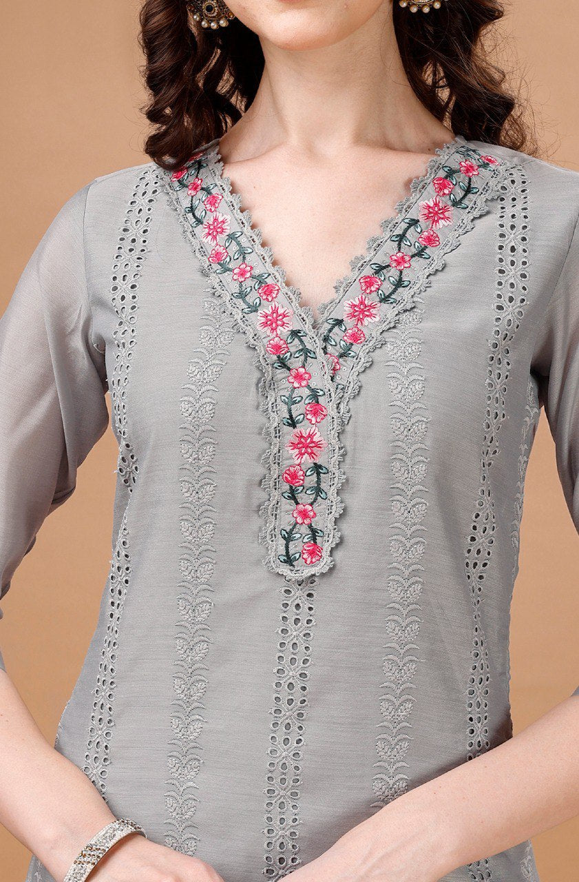 Prazu Fashion Light Grey Chanderi Silk Chikankari Kurta Set - Distacart