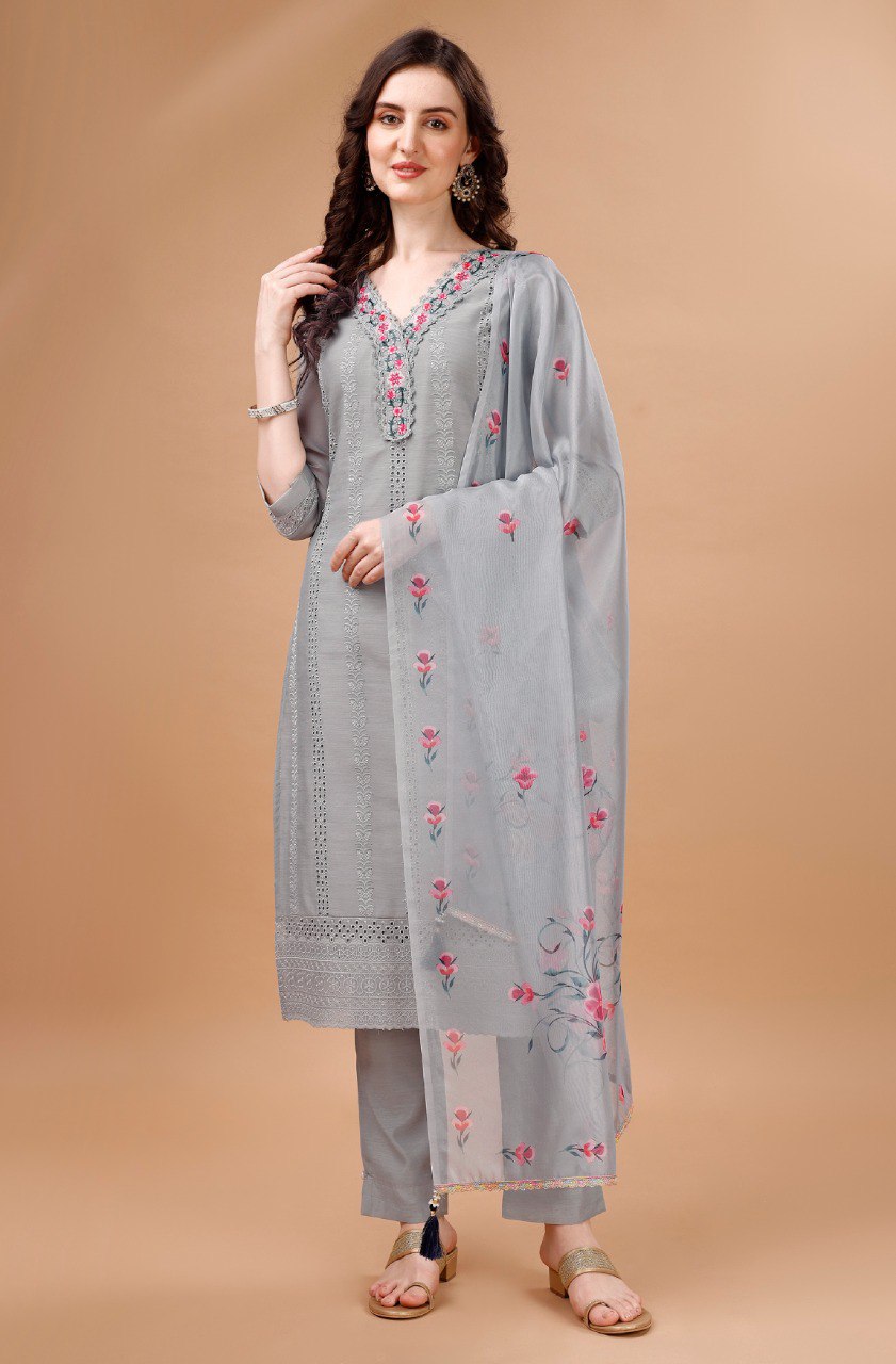 Prazu Fashion Light Grey Chanderi Silk Chikankari Kurta Set - Distacart