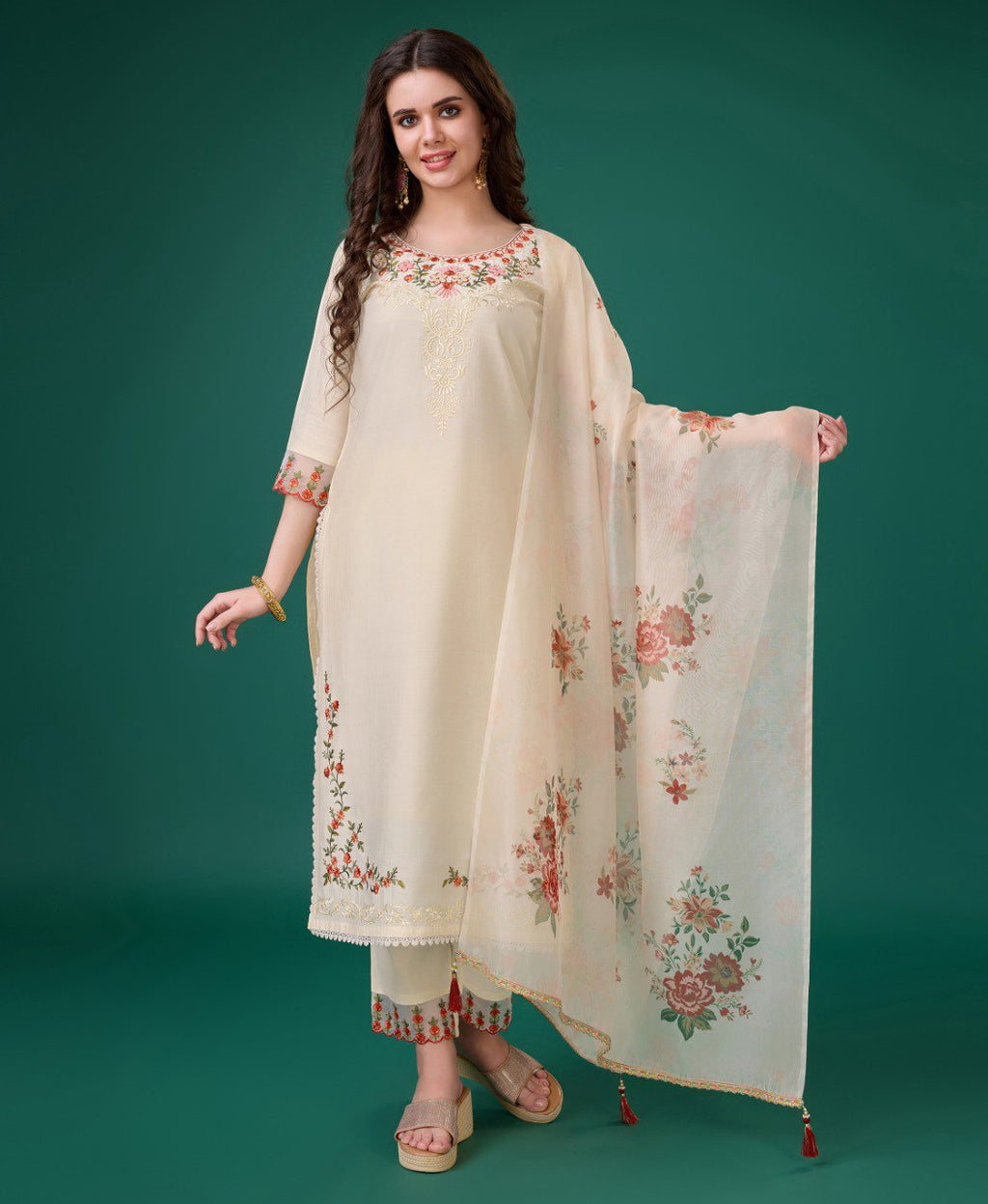 Prazu Fashion Cream Viscose Silk Embroidered Kurta Set - Distacart