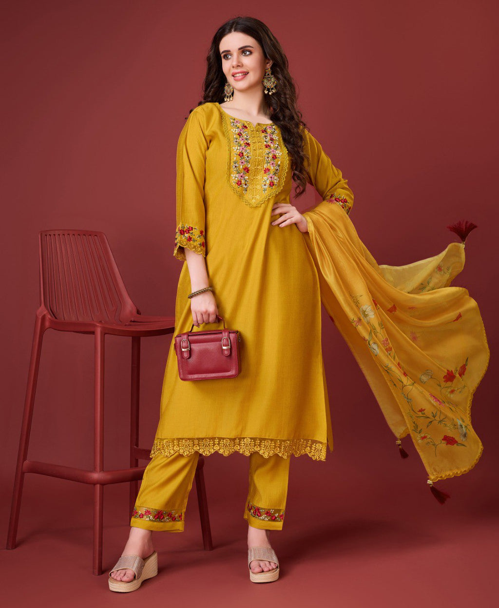 Prazu Fashion Yellow Viscose Silk Embroidered Kurta Set - Distacart