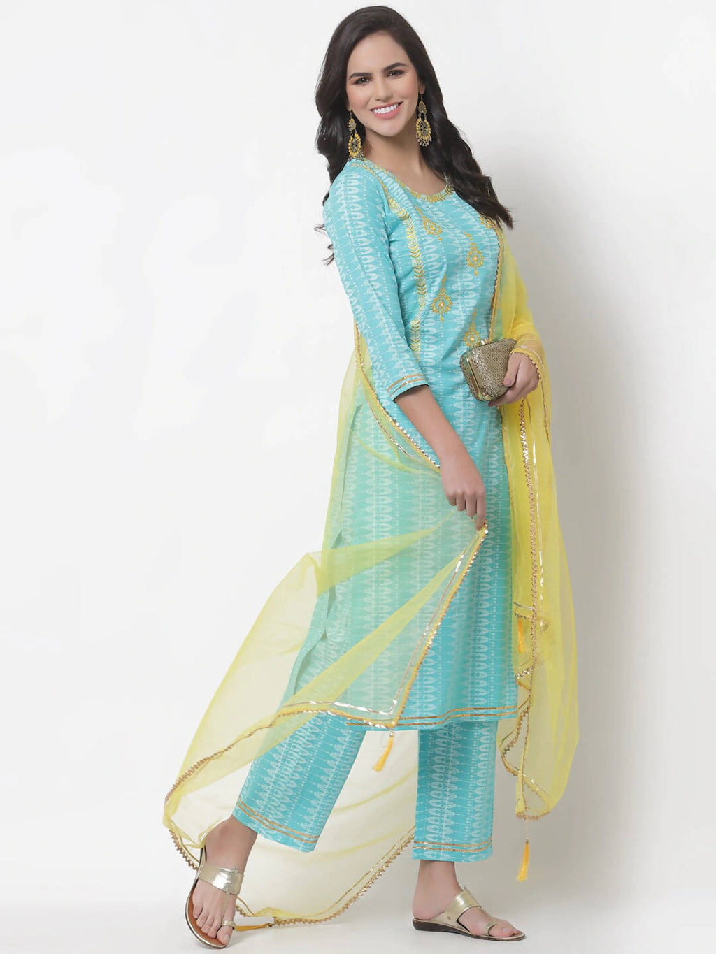 Myshka Women Turquoise Blue Layered Pure Cotton Kurti With Trousers & Dupatta - Distacart