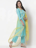 Myshka Women Turquoise Blue Layered Pure Cotton Kurti With Trousers & Dupatta - Distacart