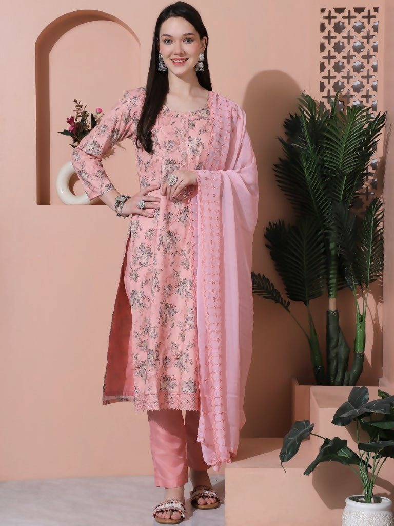 Jyoti Fashion Women's Pink Cotton Floral Digital Printed Kurta with Trouser & Dupatta